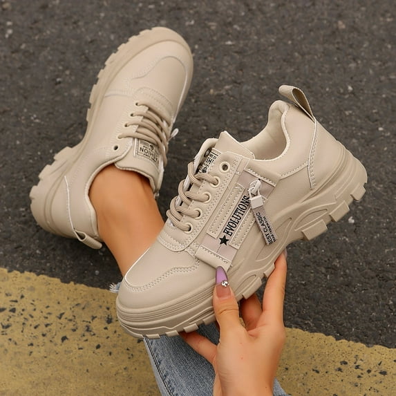 BYHONG Women's Fashion Leather Lace up Low Top Sneakers Casual Comfortable Shoes Casual Shoes for Women Khaki 8