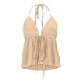 thumbnail image 1 of BYHONG Women's Lace-Up Back Tank Top Summer Fashion Jacquard Blouse with Drawstring Suspenders Casual Solid Color Sleeveless Top Khaki S, 1 of 5