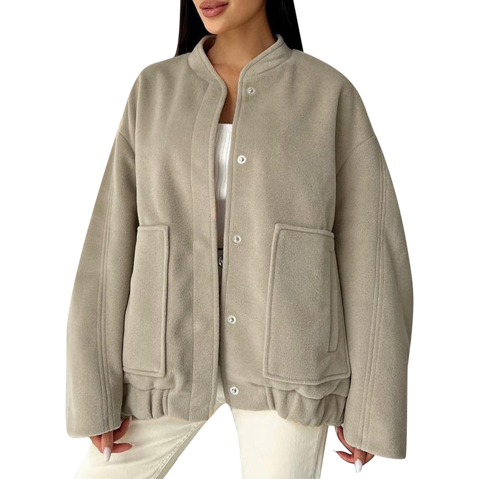 BYHONG Women's Loose Casual Stand Collar Coat with Oversized Pockets