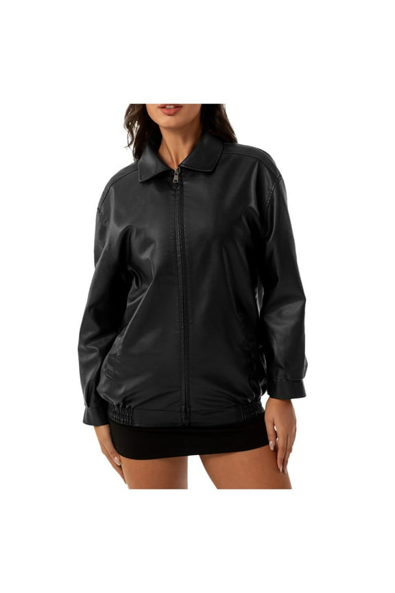BYHONG Women's Loose Leather Jacket OVERSIZE Women's Jacket Long Sleeve Lapel Spring and Autumn Coat Womens Fall Jackets Black S