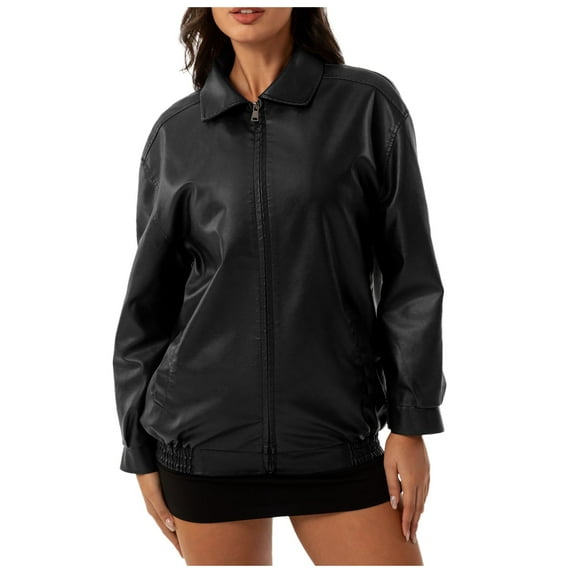 BYHONG Women's Loose Leather Jacket OVERSIZE Women's Jacket Long Sleeve Lapel Spring and Autumn Coat Womens Fall Jackets Black XL
