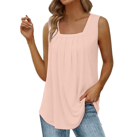 BYHONG Women's Loose Pleated Square Neck Tank Top Summer Sleeveless Vest Blouse, Plus Size Casual Top for Women Pink XXL