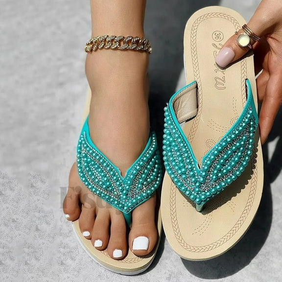 BYHONG Women's Pearl Leaf Sandals - Large Size Fashionable Internet Celebrity Style Sandals for Women, Comfortable & Trendy Green 8.5