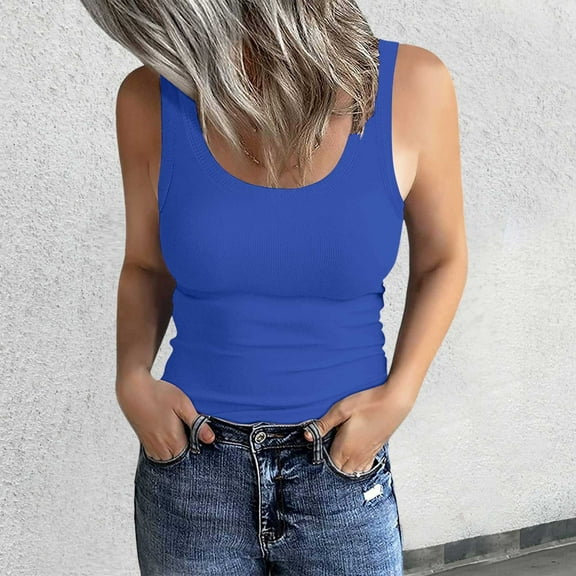 BYHONG Women's Ribbed Tank Top Sleeveless Scoop Neck Slim Fit Camisole, Basic Womens Blouses & Casual Summer Tee Blue S