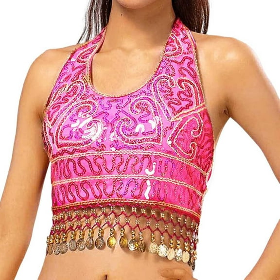 BYHONG Women's Sequin Tassel Tank Top Belly Dance Crop Blouse Sleeveless Sparkly Party Top for Women Hot Pink One Size