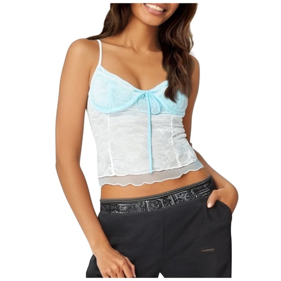 BYHONG Women's One-Shoulder Lace Tank Top Slim Fit Net Vest Solid Color Summer Womens Blouses & Casual Sleeveless Top Blue S