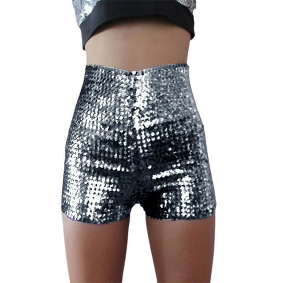 BYHONG Women's Shimmering Rhinestone Summer Shorts - High Waist Fitted Shorts for Concerts, Stage Performance, and Casual Wear Silver M