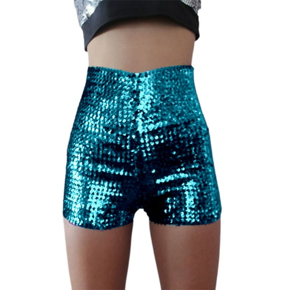 BYHONG Women's Shimmering Rhinestone Summer Shorts - High Waist Fitted Shorts for Concerts, Stage Performance, and Casual Wear Sky Blue L