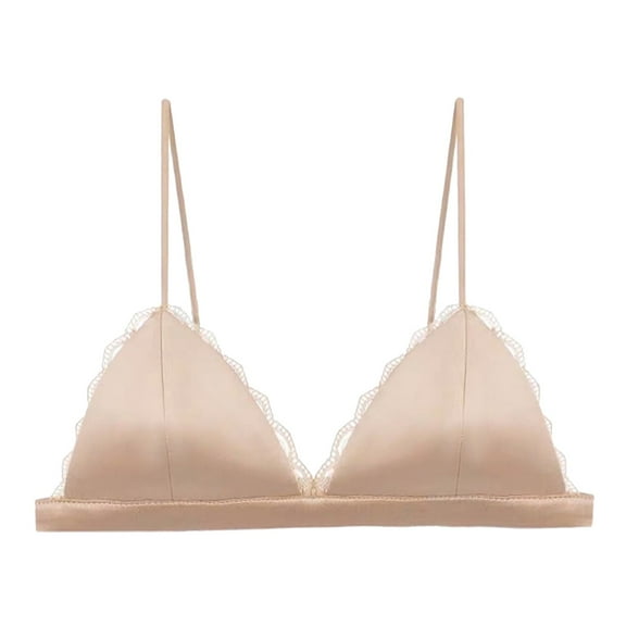 BYHONG Women's Silk Satin Triangle Bralette Soft Cup Wireless Bra Smooth and Comfortable Wire Bra Top (with Chest Pad) Bra for Women Beige L