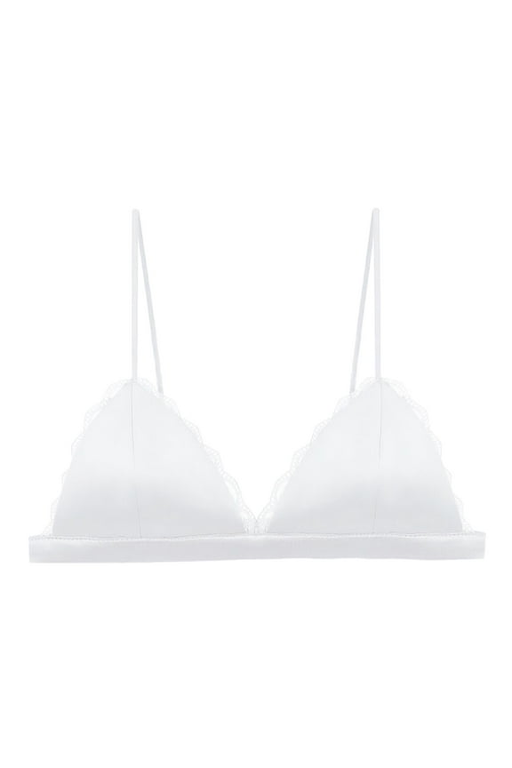 BYHONG Women's Silk Satin Triangle Bralette Soft Cup Wireless Bra Smooth and Comfortable Wire Bra Top (with Chest Pad) Bra for Women White L