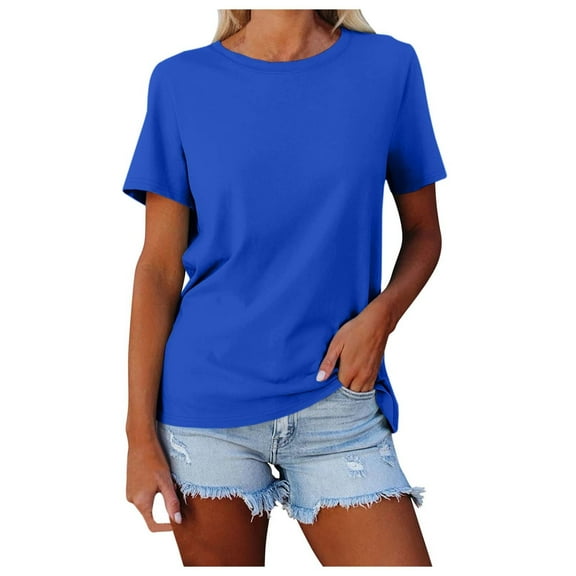 BYHONG Women's Solid Color Crew Neck Loose Blouses Casual Short Sleeve T Shirt Tops for Women Dark Blue L