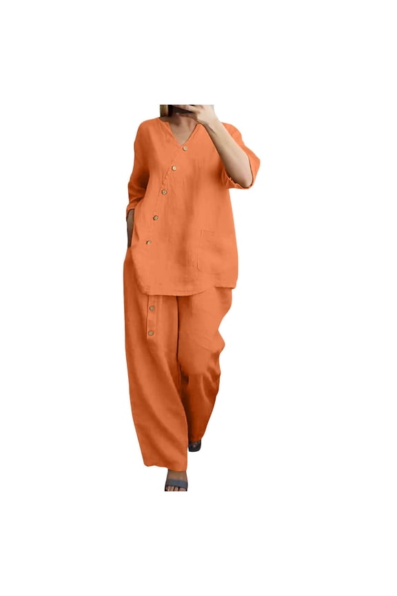 BYHONG Women's Solid Color Linen Three-quarter Length Blouses for Women Wide Leg Pants Two Piece Set Womens Pant Suits Orange S