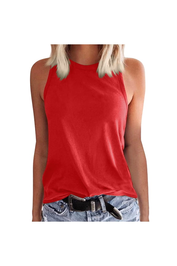 BYHONG Women's Solid Color Tank Top Sleeveless Round Neck Vest Summer Womens Blouses Casual T-Shirt Style Top Red S