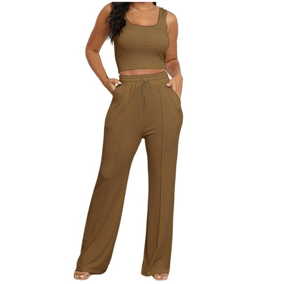 BYHONG Women's Spiral Knitted Sleeveless Open Navel Vest High Waisted Wide Leg Long Pants Set Pants Sets for Women Brown S
