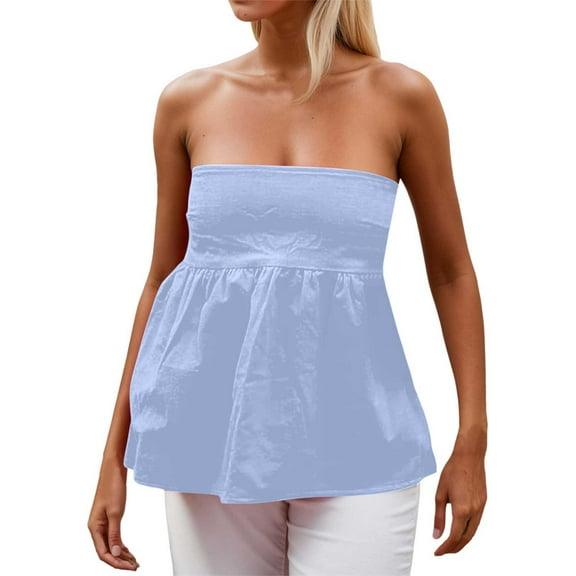 BYHONG Women's Strapless Blouse Ruffle Bandeau Top, Backless Summer Tube Top with Peplum Hem Blue L