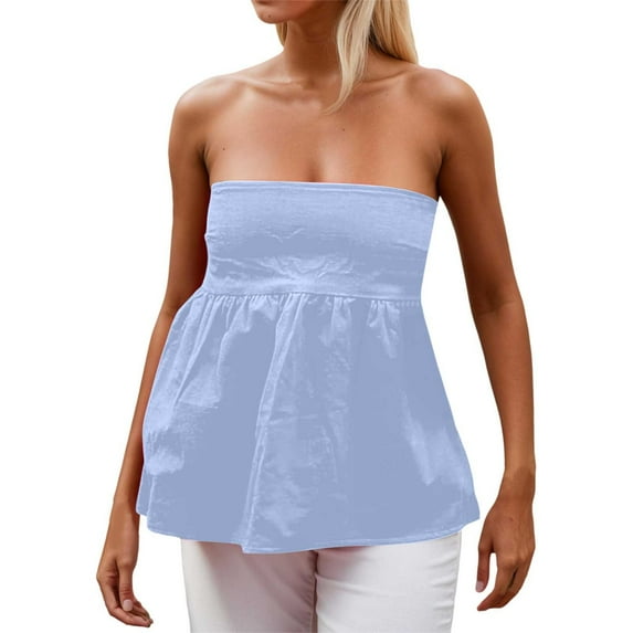 BYHONG Women's Strapless Blouse Ruffle Bandeau Top, Backless Summer Tube Top with Peplum Hem Blue S