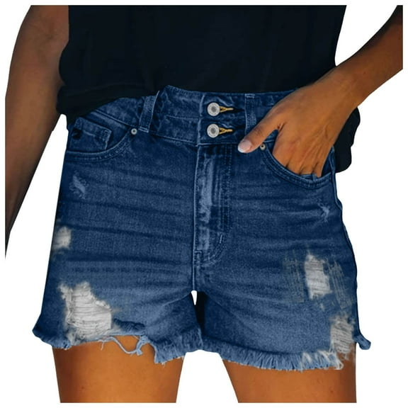 BYHONG Women’s Summer Shorts – High Waist Ripped Stretch Denim Hot Pants with Pockets, Casual Jeans Shorts for Women Dark Blue S