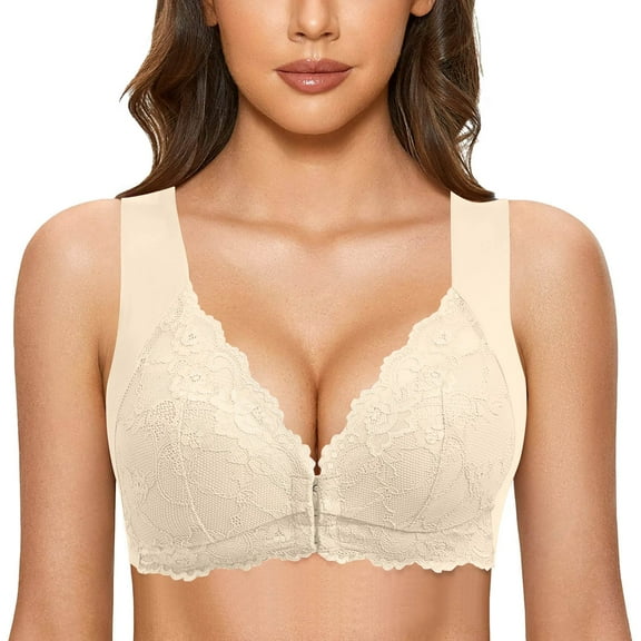 BYHONG Women's Underwear Womens No Steel Ring French Womens Front Close Bra T Back Plus Size Seamless Unlined Bra for Large Bust Beige XXL