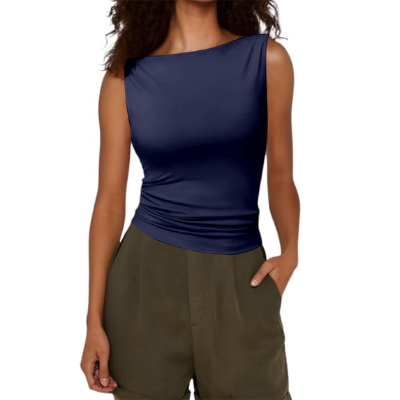Bmisegm Women’s V-Neck Blouse Solid Color Slim Fit Tank Top for Women Sleeveless Casual Shirt Blue XS