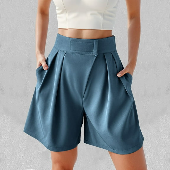 BYHONG Women's Wide Leg High Waisted Shorts Summer Casual A Line Shorts With Pockets Womens Pants Blue S