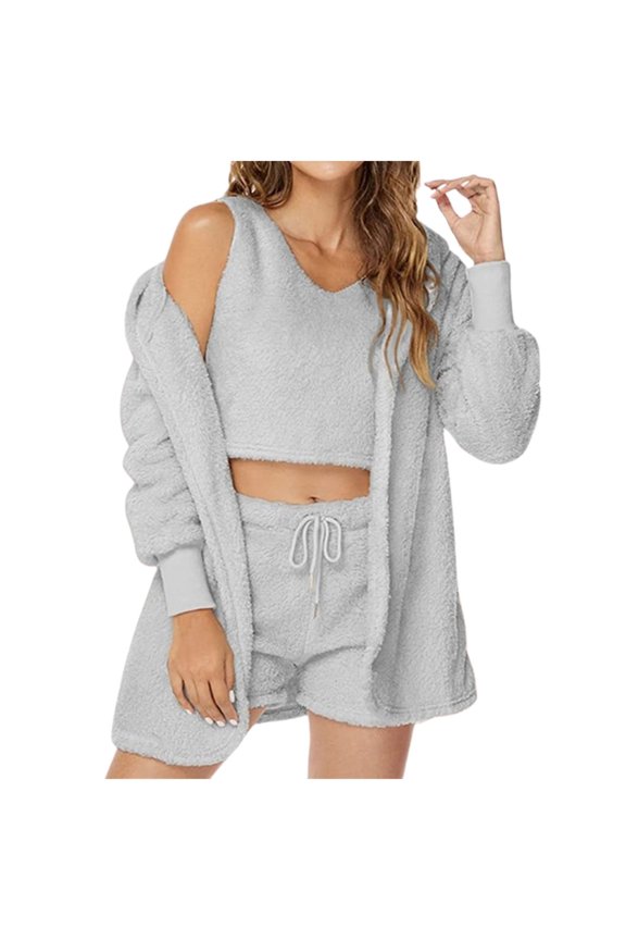 Women’s Winter Sleepwear Set – Warm Flannel Shorts Pajamas with Cute Beard Hooded Coat, 3-Piece Cozy Sleep Suit Grey S