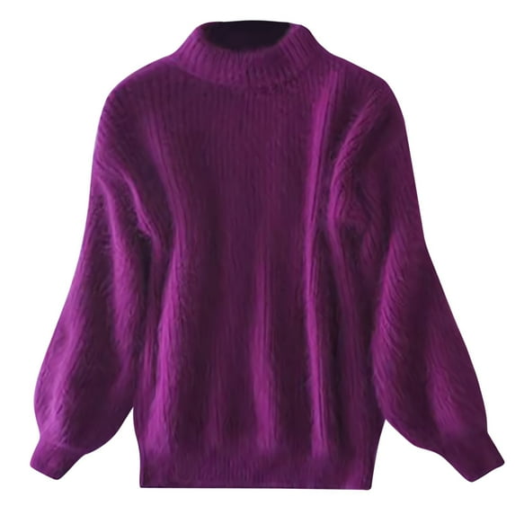 BYHONG Women's Winter Sweater Loose Warm Pullover Plush Pullover Loose Plain Knitted Crew Neck Women's Sweaters Purple One Size