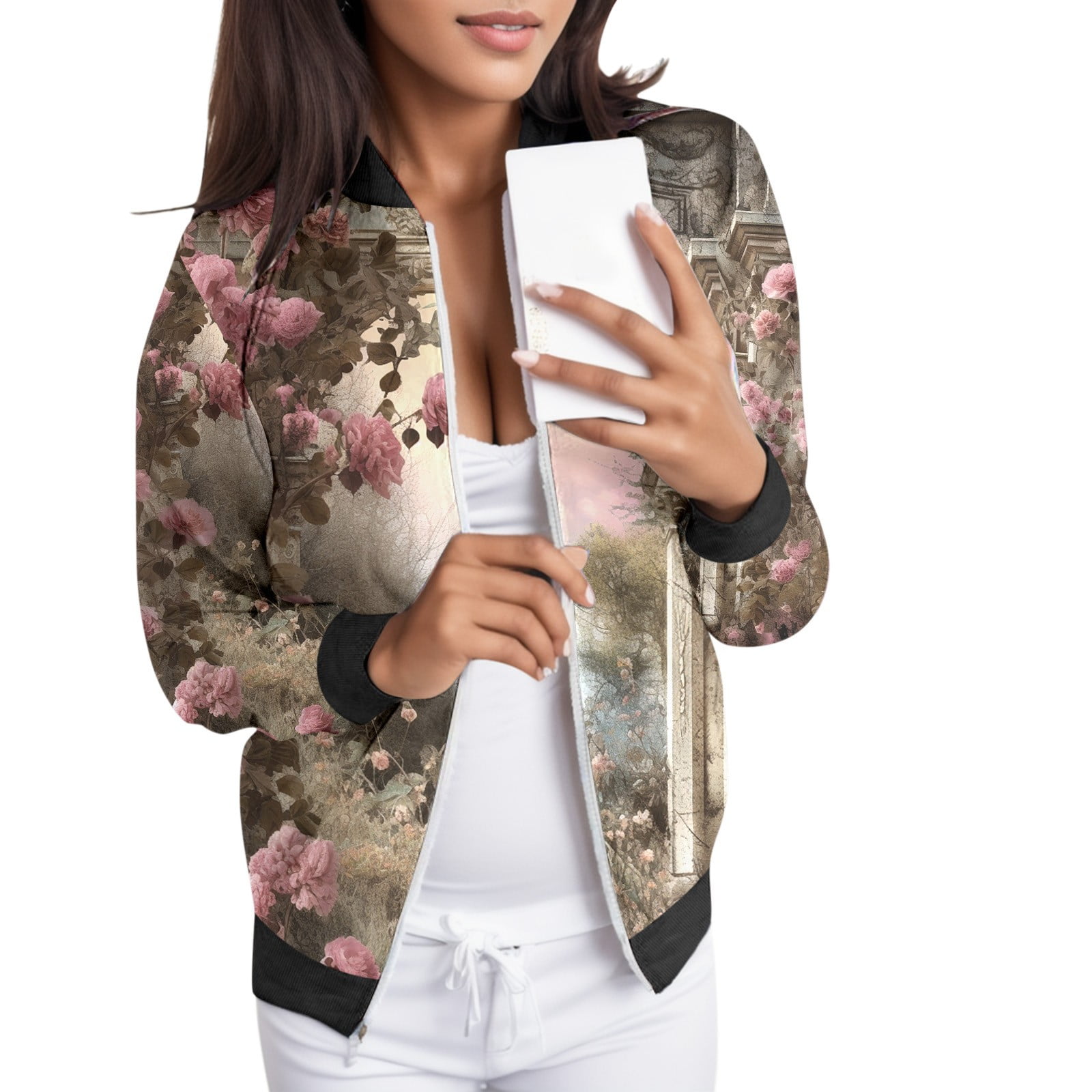 BYHONG Womens Casual Daily Jackets Lightweight Zip up Jacket Floral