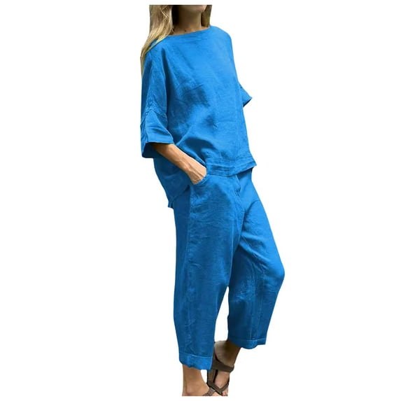 BYHONG Womens Casual Solid Color Pants High Waist Loose Pocket Pant Two Piece Sets Womens Pant Suits Blue S