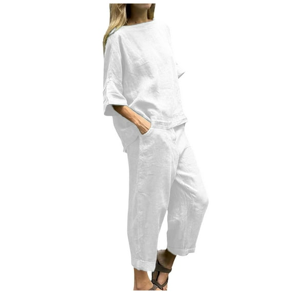 BYHONG Womens Casual Solid Color Pants High Waist Loose Pocket Pant Two Piece Sets Womens Pant Suits White S