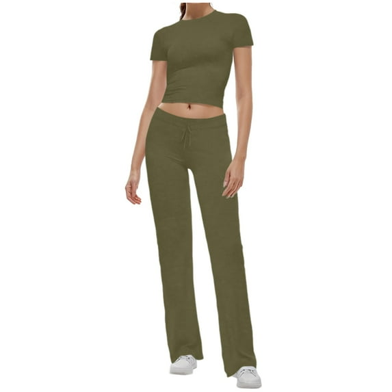BYHONG Womens Casual Sport 2 Piece Sets Straight Leg Pants Set Short Sleeve Crop T Shirt Slim Fit Long Trousers Sets Womens Pant Suits Army Green L