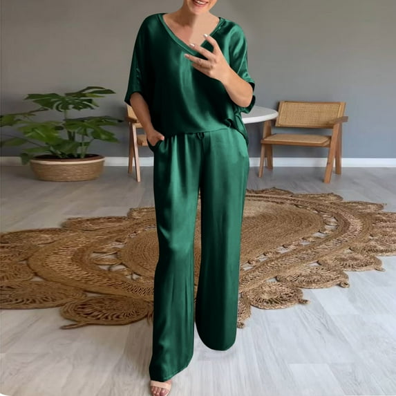BYHONG Womens Casual Thin Silk Top Sets Summer V Neck Short Sleeved Top Loose Pants Suit Green XL