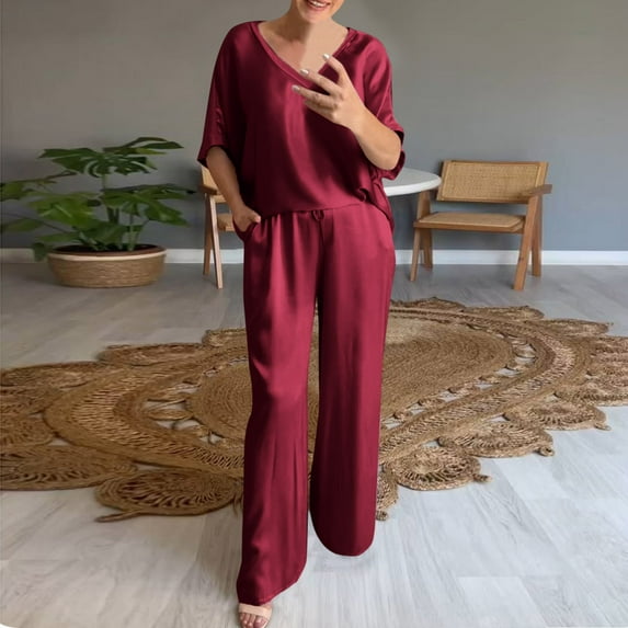 BYHONG Womens Casual Thin Silk Top Sets Summer Sexy V Neck Short Sleeved Top Loose Pants Suit Red S