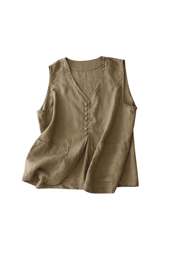 BYHONG Womens Cotton Linen Vest Casual Loose V Neck Sleeveless Vests Jacke Vest for Women KH XXL