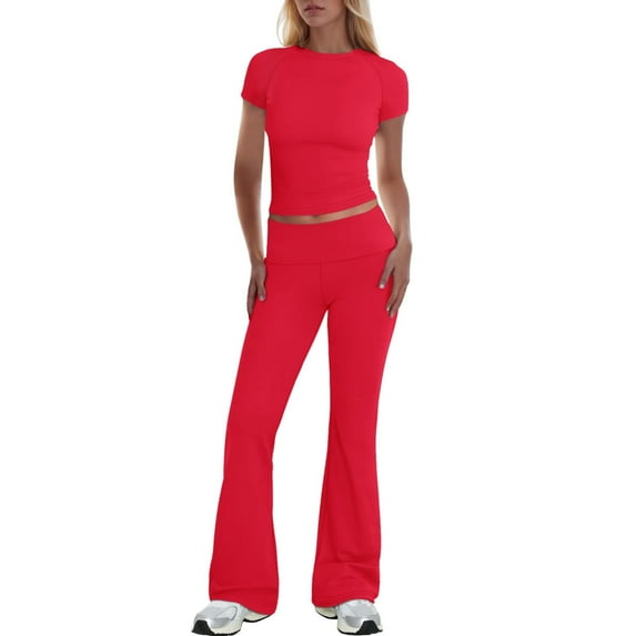 BYHONG Womens Elegant Solid Color Sport Shirt Tops Wide Leg Pants Trousers Suit Womens Pant Suits Red S