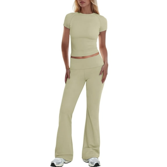 BYHONG Womens Elegant Solid Color Sport Shirt Tops Wide Leg Pants Trousers Suit Womens Pant Suits Yellow XL