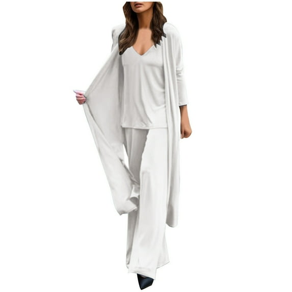 BYHONG Womens Fall Fashion 2024 European and Fashion Loose Women's Three Piece Set: V Neck Suspender + Straight Tube Trousers + Long Cardigan White M