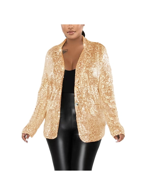 BYHONG Womens Jackets Shiny Sequin Open Front Coat Lapel Long Sleeve Cardigan Jacket Gold XXL