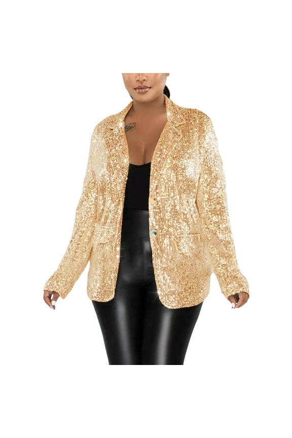 BYHONG Womens Jackets Shiny Sequin Open Front Coat Lapel Long Sleeve Cardigan Jacket Gold XXL