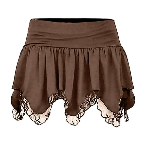 BYHONG Womens Lace Short Skirt Sexy Solid Low Waist Patchwork Flowy Ruffle Pleated Mini Skirts Streetwear Skirts for Women Brown S