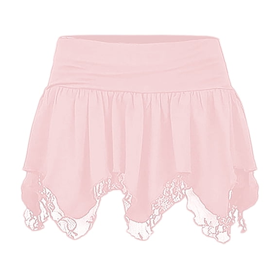 BYHONG Womens Lace Short Skirt Sexy Solid Low Waist Patchwork Flowy Ruffle Pleated Mini Skirts Streetwear Skirts for Women Pink L