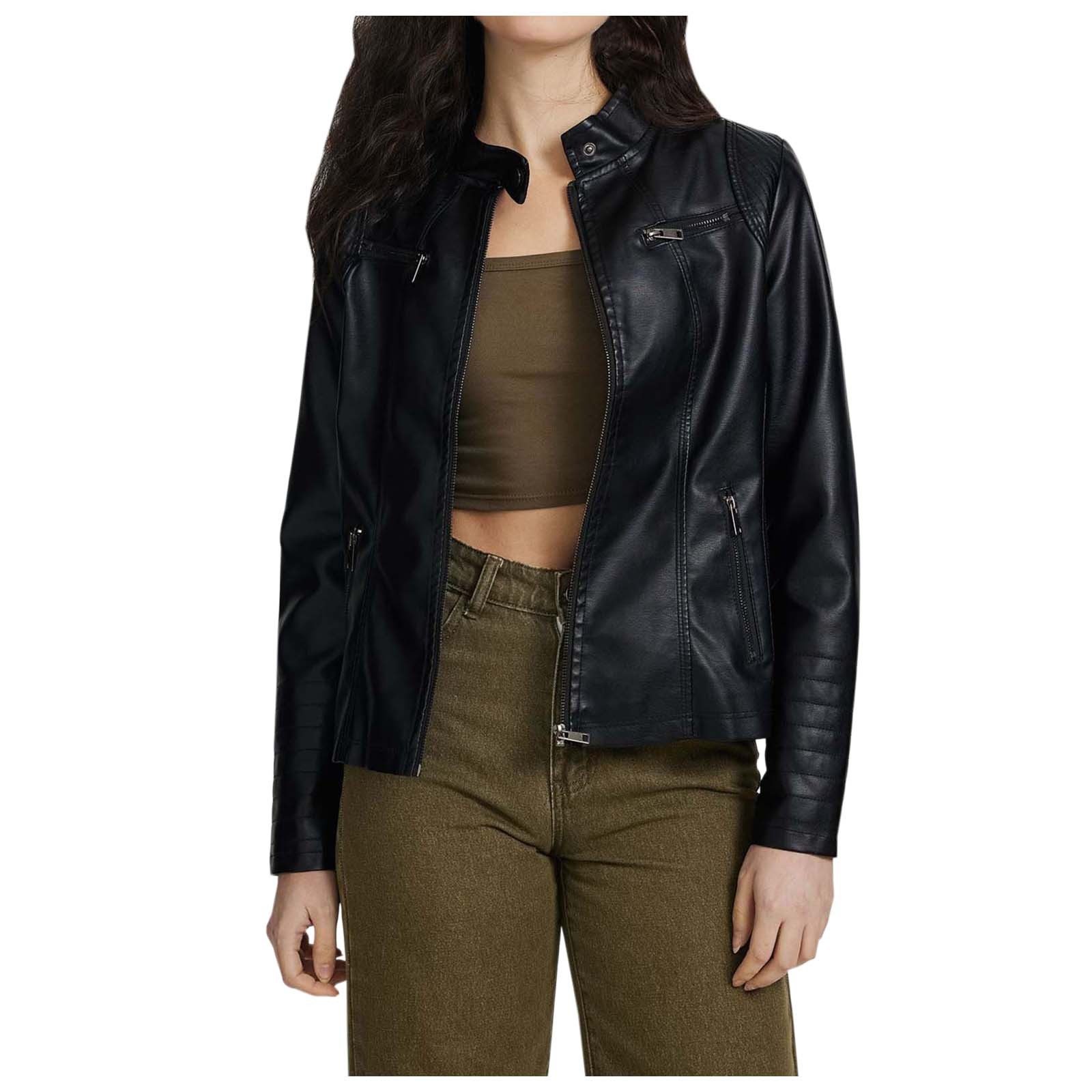 Allegra K Women's Faux Leather Crop Blazer - Collarless Open Front Moto Jacket