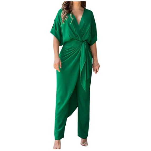 BYHONG Womens Pant Suits Summer Solid Color Lace Up V Neck top Elegance Fashion Casual Trousers Suit Pants for Women Green XXL