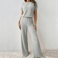 thumbnail image 1 of BYHONG Women's Two Piece Knit Matching Outfits Crew Neck Slit Hem Tee and Pants Tracksuit Sets Features: Grey L, 1 of 7