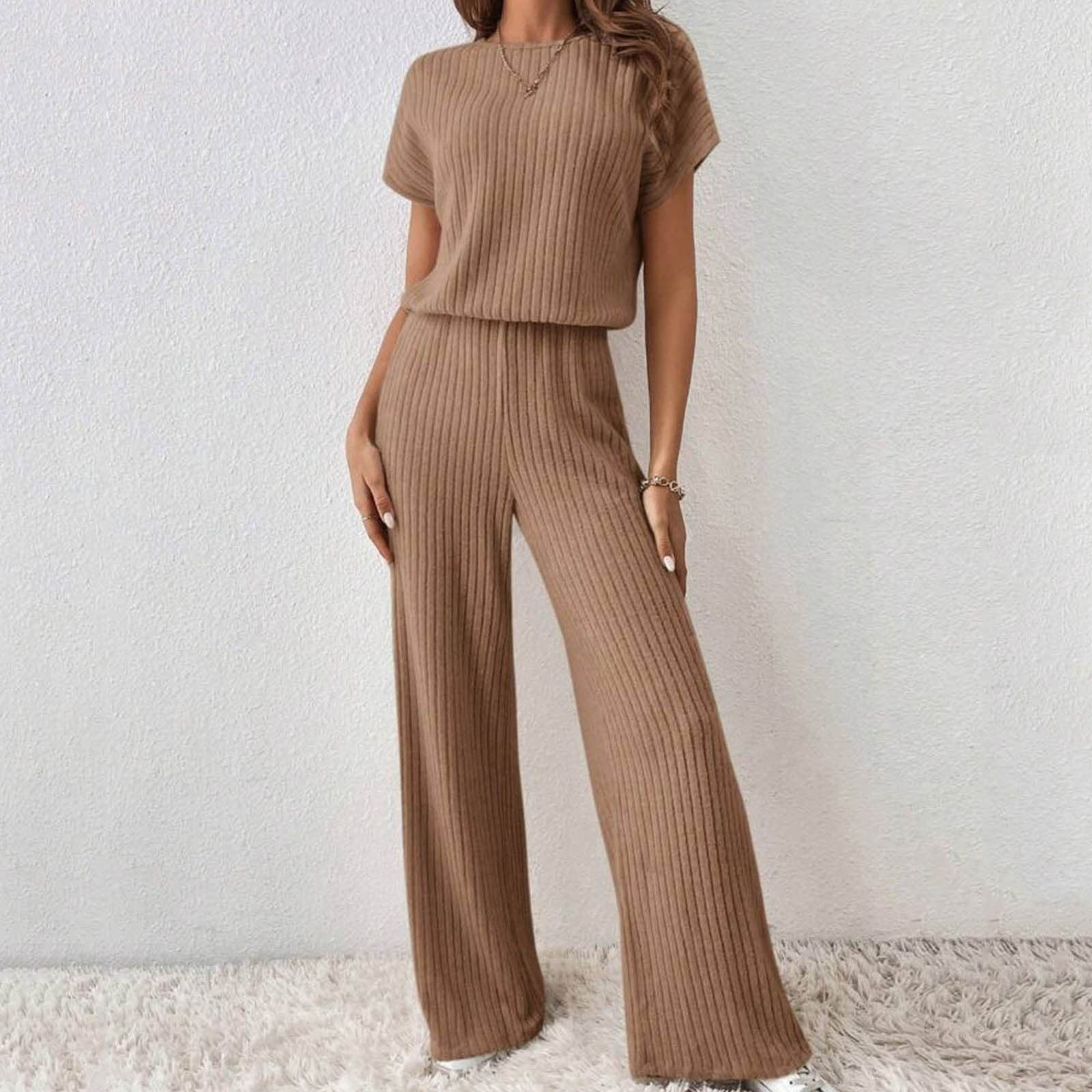 BYHONG Womens Pant Suits Women's Two Piece Outfits Crew Neck Slit Hem ...