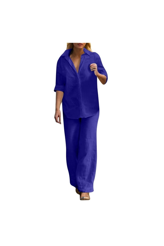 BYHONG Womens Pants Casual Solid Color Wide Leg Pant Suit Womens Pant Suits Blue S