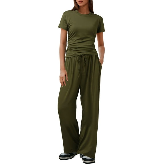 BYHONG Womens Pants Suits 6 Piece Casual Suit Pleated Short Sleeve Top And High Waisted Wide Leg Pants for Women Army Green XL