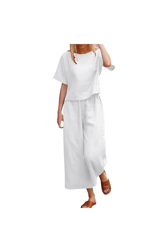 BYHONG Womens Plus Size Pants Women's 2 Piece Wide Leg Pants Summer Short Sleeves Round Neck Crop Top Womens Pant Suits White XXXL