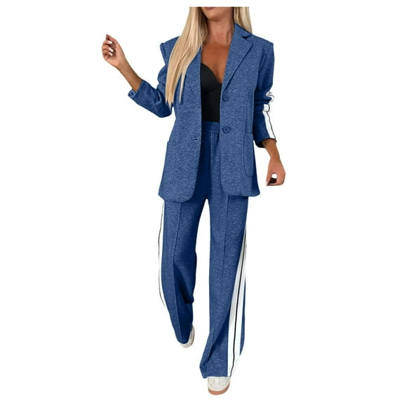 BYHONG Womens Plus Size Pants Women's Casual Pant Suit Long Sleeve Loose Top Wide Leg Pants With Pockets Set Womens Pant Suits Blue XXXXXL