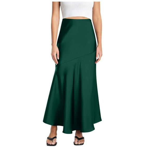 BYHONG Womens Satin Silk Maxi Skirts Drawstring Flared Casual A-Line High Waist Elastic Stitching Long Skirt Slim Fit Skirt Long Skirts for Women Green S