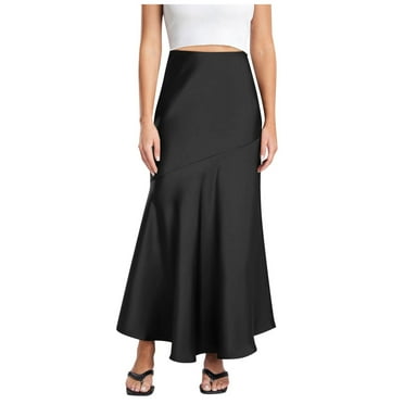 BYHONG Womens Satin Silk Maxi Skirts Drawstring Flared Casual A-Line High Waist Elastic Stitching Long Skirt Slim Fit Skirt Long Skirts for Women Black M